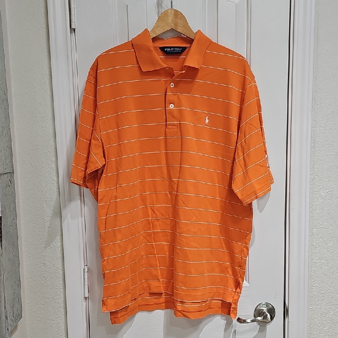 Polo By Ralph Lauren Men's Orange Polo Shirt With White Stripes Size L